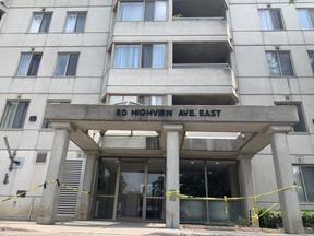 RCMP officers searched an apartment in this highrise at 80 Highview Ave. in London on Thursday June 8, 2023 as part of a probe involving border officials. (DALE CARRUTHERS/The London Free Press)