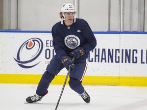 Raphael Lavoie skates during Oilers camp.