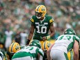 Edmonton Elks quarterback Kai Locksley calls a play against the Saskatchewan Roughriders.