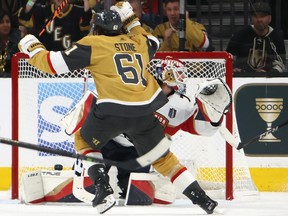 Mark Stone of the Vegas Golden Knights celebrates after scoring a goal past Sergei Bobrovsky of the Florida Panthers during the third period of Game 1 at T-Mobile Arena on June 03, 2023 in Las Vegas.