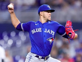 Jose Berrios of the Toronto Blue Jays pitches against the Miami Marlins during the first inning at loanDepot park on June 19, 2023 in Miami, Florida.