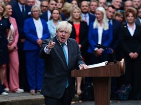 Britain's then prime minister Boris Johnson delivers his final speech outside 10 Downing Street in central London on September 6, 2022, before heading to Balmoral to tender his resignation.