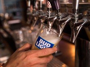 A bartender pours a Bud Light from a tap, July 26, 2018 in New York City.