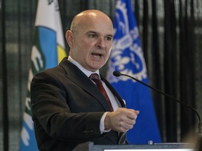 Randt Boissonnault gestures during a speech in front of a background of flags