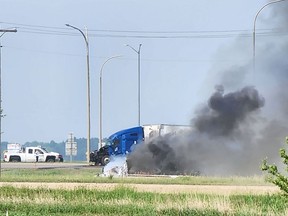 The scene of a deadly collision between a transport truck and a minibus on the Trans-Canada Highway in Manitoba on June 15, 2023.