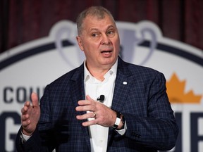 CFL commissioner Randy Ambrosie delivers his state of the league address at the Hamilton Convention Centre on Dec. 10, 2021. Ambrosie knows CFL fans and media have been frustrated by game statistic glitches and player profiles that have disappeared from the league's website.