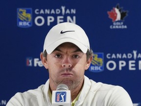 Rory McIlroy speaks to the media regarding the new business relationship with Saudi Arabia's Public Investment Fund during the Canadian Open in Toronto on Wednesday, June 7, 2023.