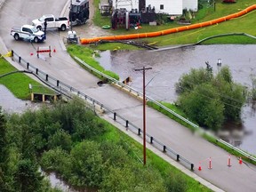 The Peers Bridge has been compromised by flooding triggered by heavy rainfall, Yellowhead County said Tuesday morning as it issued a shelter-in-place order for the hamlet west of Edmonton.