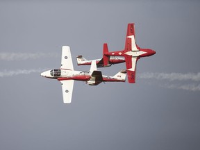 The Canadian Forces Snowbirds perform at Airshow London's Skydrive, a drive-in airshow in London, Ont., Friday, Aug. 27, 2021. Snowbirds pilot Maj. Steve Hurlburt has been charged with sexual assault after an alleged incident in Barrie, Ont., last week.