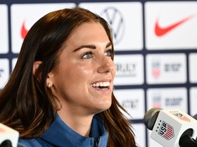 United States forward Alex Morgan speaks during a news conference for the 2023 FIFA Women's World Cup.