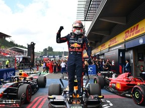 Race winner Max Verstappen of the Netherlands and Oracle Red Bull Racing celebrates in parc ferme during the F1 Grand Prix of Belgium at Circuit de Spa-Francorchamps on July 30, 2023 in Spa, Belgium.