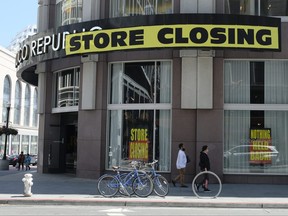 A store-closing banner hangs over the entrance to the Coco Republic store near Union Square in San Francisco on June 21, 2023. San Francisco's downtown has seen an exodus of retailers and now a shopping mall owner is turning it over to its lender in the face of declining foot traffic and empty office space. While San Francisco faces some of its own unique issues the problems serve as warning signs for other downtowns across the country, which are also feeling some pain. (/)