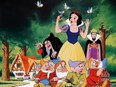 Snow White, dwarfs, Evil Queen and old witch with apple.
