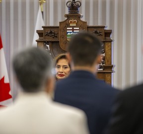 Lt.-Gov. Salma Lakhani, prepares to award the Alberta Order of Excellence to seven people on Thursday, Oct. 20, 2022, in Edmonton. The award is the highest honour the province offers its citizens.