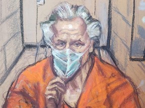 Canadian fashion designer Peter Nygard appears via video feed during his bail hearing in connection with multiple sexual assault charges in a Toronto courtroom, in this courtroom sketch Jan. 6, 2022.