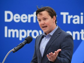 Devin Dreeshen, minister of transportation and economic corridors, announces funding for Deerfoot Trail improvements in Calgary on Wednesday, April 26, 2023. Gavin Young/Postmedia