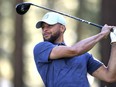 Stephen Curry watches a tee shot on the 16th hole during a practice round at American Century Championship golf tournament Wednesday, July 12, 2023, in Stateline, Nev.