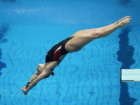 Pamela Ware, of Canada, competes in the 1m springboard women final at the world awimming championships in Fukuoka, Japan, Saturday, July 15, 2023.