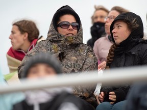 Spectators covered up with toques, blankets and heavy jackets as the wind and rain made for a chilly afternoon at the Edmonton Athletics Invitational Track and Field meet at Foote Field on Sunday.