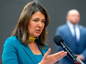 Premier Danielle Smith at a news conference in Calgary on July 28, 2023.