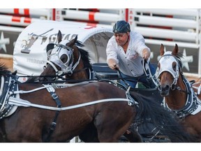 Kris Molle in Heat 5 of the Rangeland Derby chuckwagon races at the Calgary Stampede on Saturday July 8, 2023. Mike Drew/Postmedia
