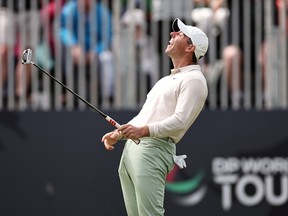 Rory McIlroy celebrates ater winning the Genesis Scottish Open at The Renaissance Club on July 16, 2023.