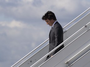 Prime Minister Justin Trudeau arrives at the airport, Monday, July 10, 2023 in Riga, Latvia.