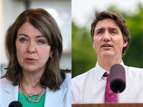 Composite image of Danielle Smith, left, and Justin Trudeau