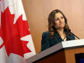 Canadian Finance Minister Chrystia Freeland delivers remarks during an event at the Peterson Institute for International Economics on April 12, 2023 in Washington, DC.