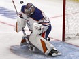 Edmonton Oilers goalie Stuart Skinner blocks a Los Angeles Kings shot.