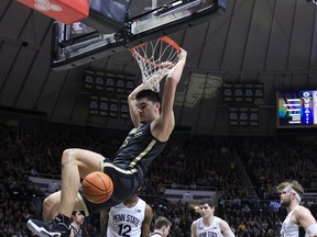 Toronto's Zach Edey #15 of the Purdue Boilermakers dunks the ball during the second half in the game against the Penn State Nittany Lions at Mackey Arena on February 01, 2023 in West Lafayette, Indiana.