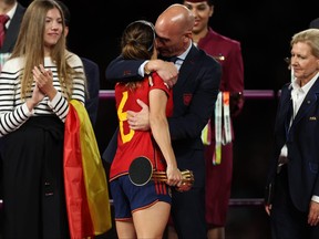 Luis Rubiales, President of the Royal Spanish Federation greets Aitana Bonmati of Spain after the FIFA Women's World Cup Australia & New Zealand 2023 Final match between Spain and England at Stadium Australia on August 20, 2023 in Sydney, Australia.