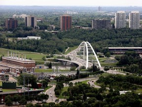 The Walterdale Bridge is visible in Edmonton's river valley, Tuesday, July 18, 2023.