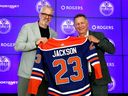 New CEO of Hockey Operations for the Edmonton Oilers Jeff Jackson and Oilers' General Manager and President of Hockey Operations Ken Holland pose for a photo during a press conference to announce Jackson's hiring, at Rogers Place in Edmonton Thursday Aug. 3, 2023. 