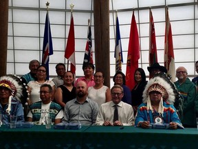 The Alberta government and four First Nations chiefs signed an agreement Wednesday to support education in Maskwacis. Front L-R; Ermineskin Cree Nation Chief Craig Makinaw, Montana First Nation Chief Leonard Standingontheroad, Maskwacis education commission vice-chair Mario Swampy, Education Minister David Eggen, Louis Bull Tribe Chief Irvin Bull Back L-R: Bruce Hinkley, MLA for Wetaskiwin-Camrose and education commission board members