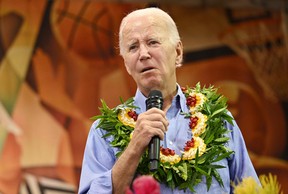 US President Joe Biden speaks during a community engagement event at the Lahaina Civic Center in Lahaina, Hawaii on Aug. 21, 2023.