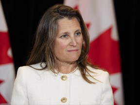 Deputy Prime Minister and Minister of Finance Chrystia Freeland takes questions from reporters during the Liberal Cabinet retreat in Charlottetown, Tuesday, Aug. 22, 2023.