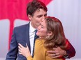 Liberal leader Justin Trudeau celebrates with his wife, Sophie Gregoire, after winning a minority government at the election night headquarters October 22, 2019 in Montreal.