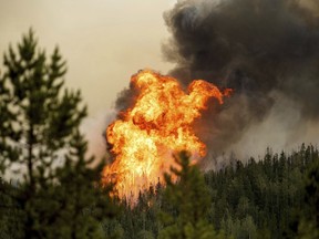 Flames from the Donnie Creek wildfire burn along a ridge top north of Fort St. John, British Columbia, Canada, Sunday, July 2, 2023. Federal officials are set to provide an update today on the outlook for this year's wildfire season.THE CANADIAN PRESS/AP, Noah Berger