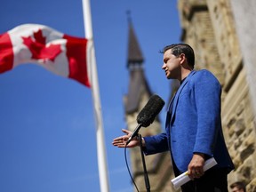Conservative Leader Pierre Poilievre holds a press conference on Parliament Hill in Ottawa on Monday, Aug. 21, 2023.