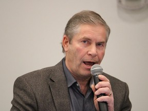 Paul Hinman, former leader of the Wildrose Independence Party, speaks at a forum in Fort McMurray on Feb. 26, 2022.