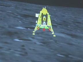This handout screen grab taken and received from the live feed of Indian Space Research Organisation (ISRO) website on August 23, 2023, shows the successful lunar landing of Chandrayaan-3 spacecraft on the south pole of the moon.