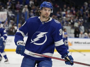 FILE - Tampa Bay Lightning left wing Brandon Hagel (38) skates before an NHL hockey game against the New York Islanders Saturday, April 1, 2023, in Tampa, Fla. The Tampa Bay Lightning have signed forward Brandon Hagel, Tuesday, Aug. 22, to an eight-year extension worth $52 million.