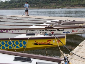 The dock for the Edmonton Dragon Boat Racing Club in Dawson Park is a pretty good place to fish in the North Saskatchewan River on Aug. 8, 2023.