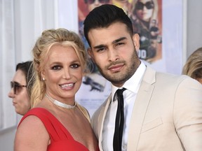 Britney Spears and Sam Asghari appear at the Los Angeles premiere of "Once Upon a Time in Hollywood" on July 22, 2019.