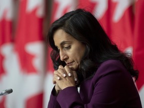 Anita Anand&ampnbsp;attends a news conference on Monday October 26, 2020 in Ottawa. Federal cabinet ministers have been tasked with finding $15.4 billion in government spending cuts by a deadline of Oct. 2.
