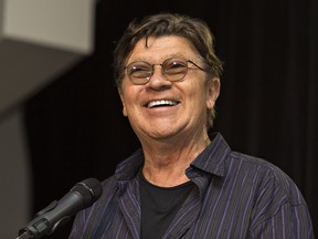 Legendary songwriter, musician and producer Robbie Robertson of The Band speaks after being presented a lifetime achievement award on Oct. 14, 2017 at The Gathering Place on Six Nations of the Grand River Territory near Brantford, Ont.