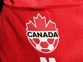 A detail view of Canada branding on the team uniform during a training session ahead of the FIFA Women's World Cup in Melbourne, Australia, July 17, 2023.