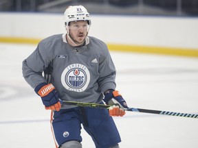 Adam Erne on the first day of the Edmonton Oilers main camp on-ice sessions for the 2023-24 NHL season.