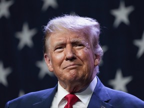 Republican presidential candidate former president Donald Trump speaks at the Republican Party of Iowa's 2023 Lincoln Dinner in Des Moines, Iowa, July 28, 2023.